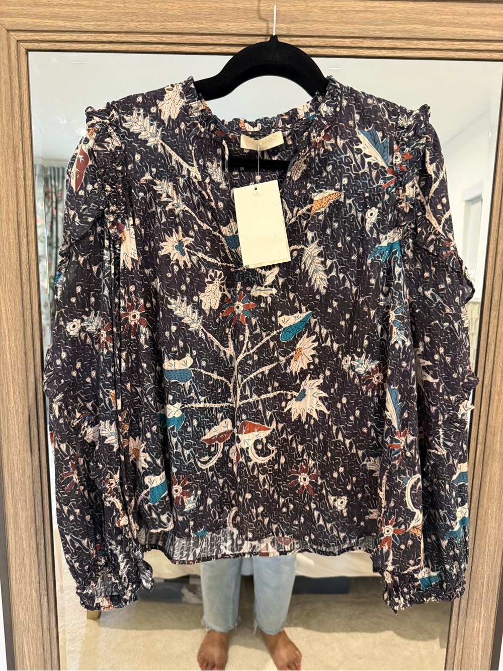Ulla Johnson Manet in Jet Ruffled Floral Bird Print Long Sleeve Blouse Size 10